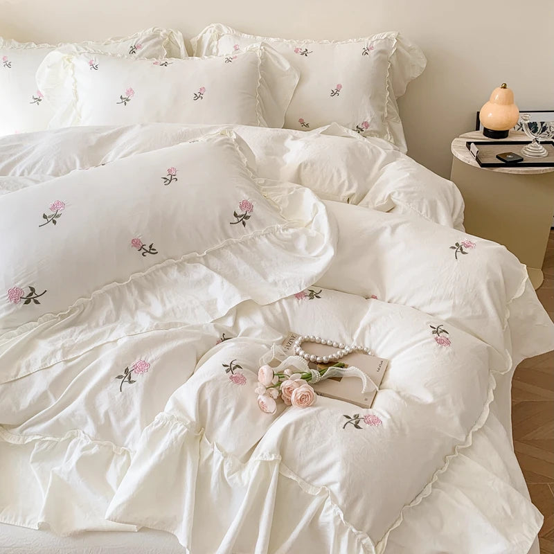 3pcs Rose Embroidered Duvet Cover Set ,(1*Duvet Cover + 2*Pillowcase, Without Core), Princess Style Lace Bedding Set.