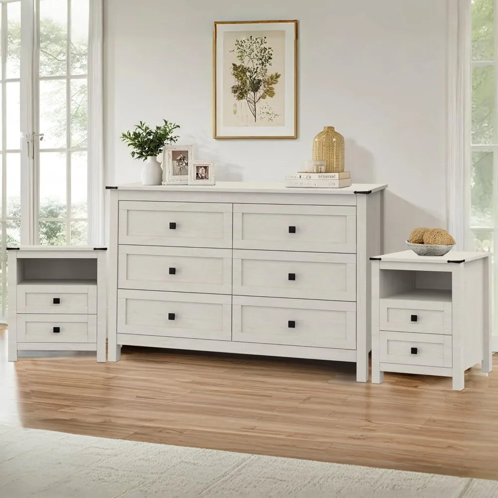 3 Pieces Bedroom Furniture Set, Rustic Wood 6 Drawer Dresser and Nightstands, Chest of Drawers.