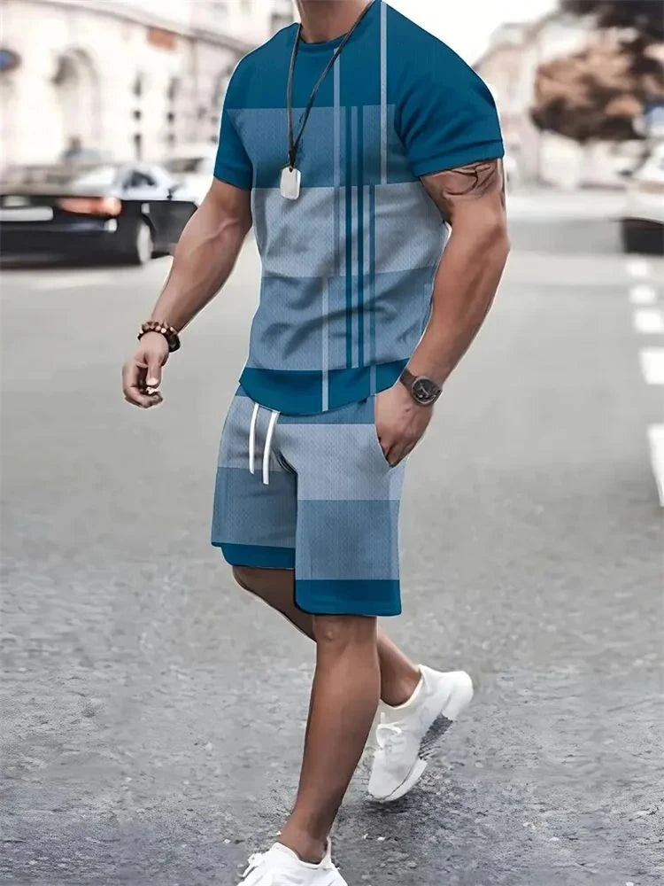 Men short sleeved shirt outdoor breathable, quick drying street fashion casual round neck T-shirt shorts set.