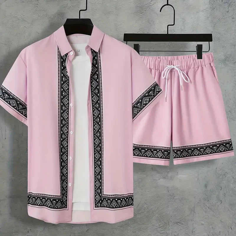 New Men Summer Holiday Suit Textured Printed Shirt Short Sleeve, Two Piece Men Breathable Pool Suit.