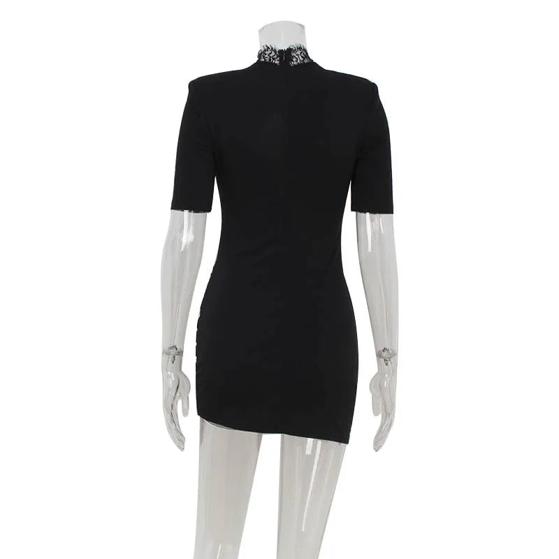 Lace Patchwork Hollow Out Bodycon Sheath High Collar Women Dresses Half Sleeves Outfits.
