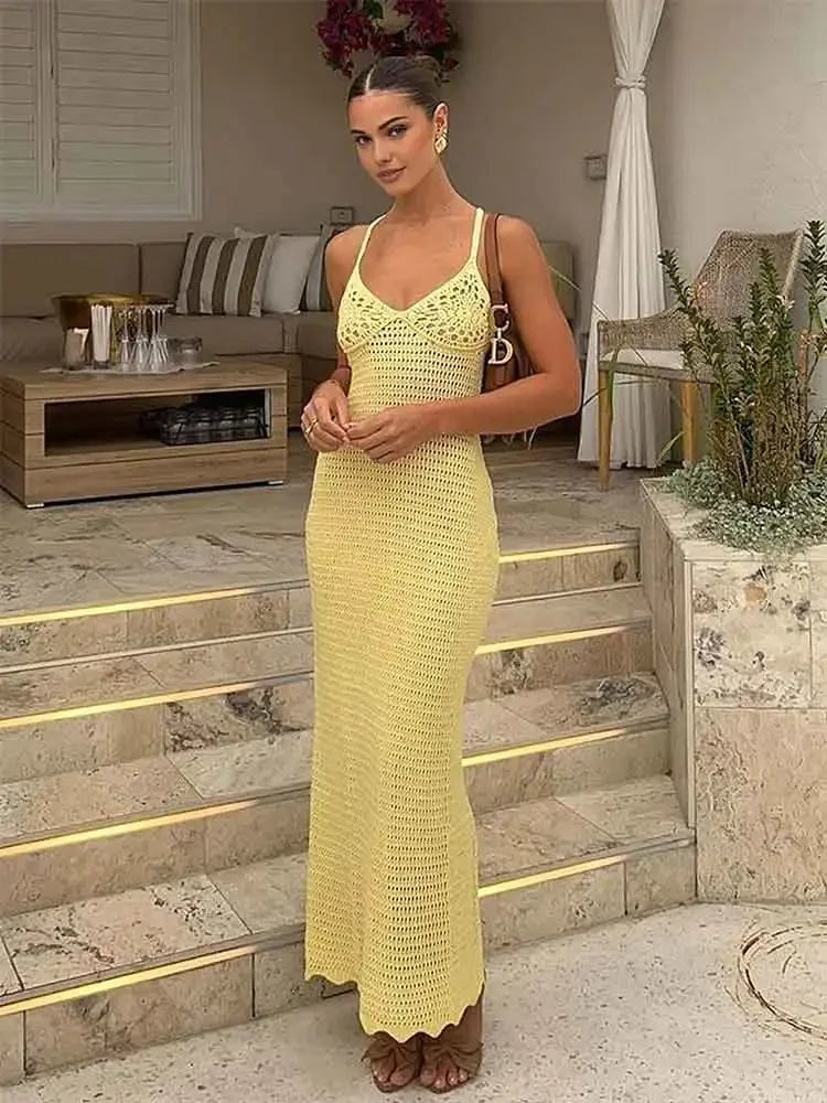 Solid Color Sexy Knit Cut Out Holiday Beach Dresses, Women 2025 Summer Sexy V-Neck  Maxi Dress.
