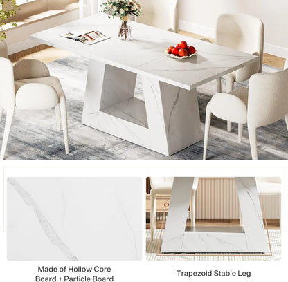 Dining Table for 4 to 6 People, 63" Rectangular Dining Room Table, Modern Wooden Faux Marble Dinner Table with Sturdy Base