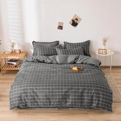 Queen Size Bedding Set, White Color, Black Plaid Microfiber, King Size Bed Linen