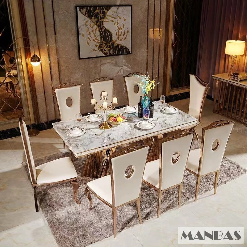 Luxury Dining Set: 6 Stainless Steel Genuine Leather, Rectangle Marble  Table