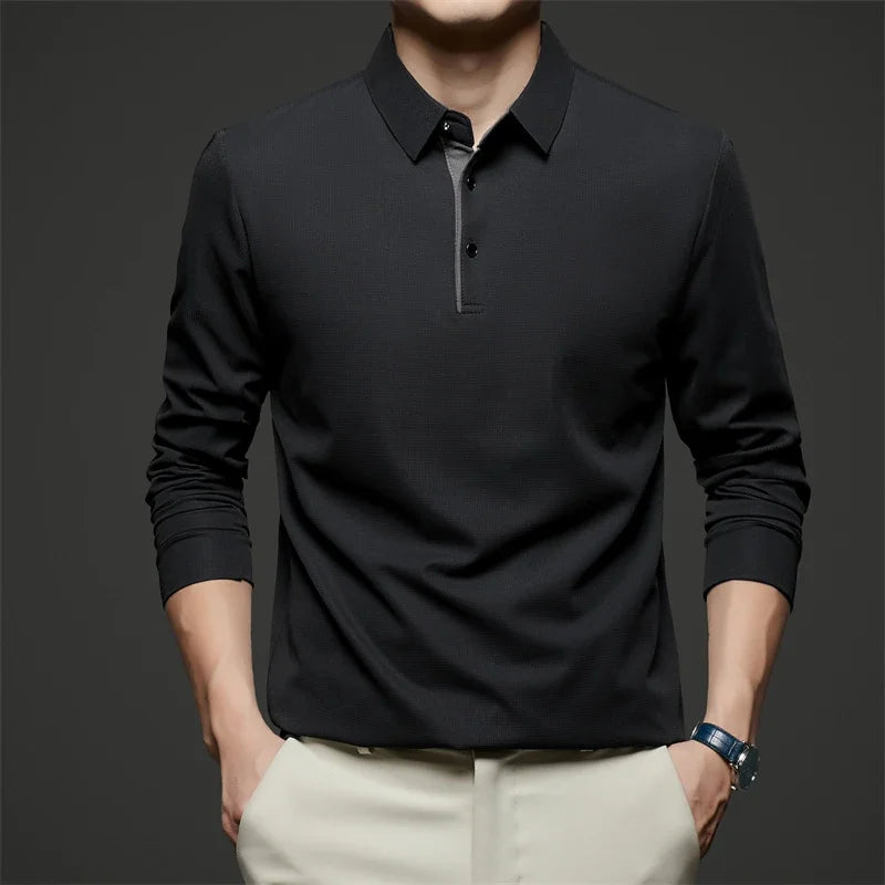 New Men Business Casual Long Sleeve Solid Color Polo Shirt, Fashionable Warm Comfortable Four Seasons.