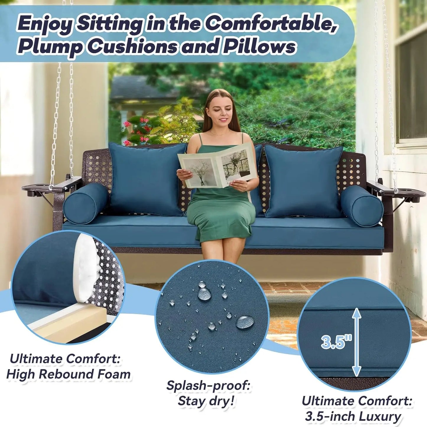 3 Seat Porch Swing, Patio Swing Bench with Cup Holders & 3 Back Cushions.