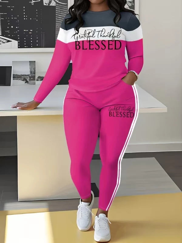 Plus Size Women's Casual Suit, Fashionable Letter Print Striped Color Two-Piece Set.