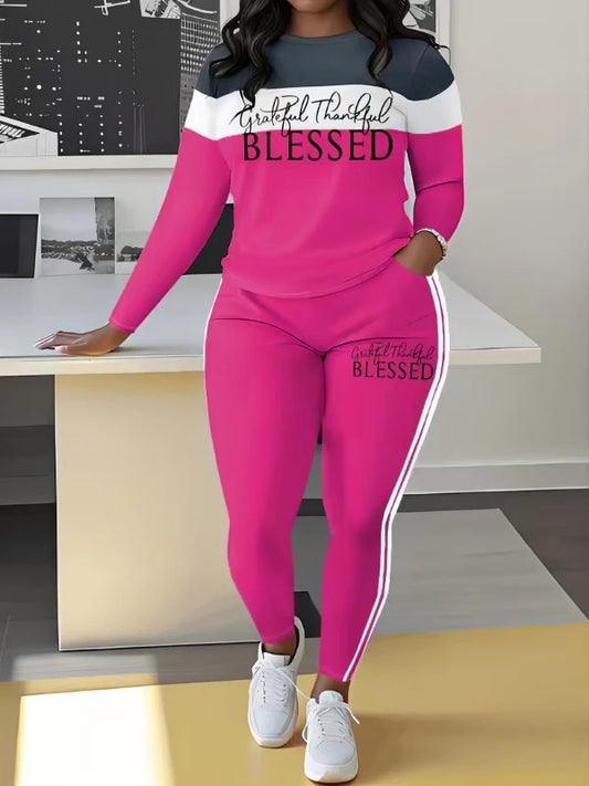 Plus Size Women's Casual Suit, Fashionable Letter Print Striped Color Two-Piece Set.