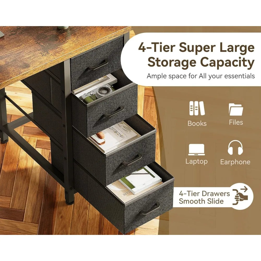 40 Inch Compact Computer Desk with 4 Fabric Drawers, for Small Spaces.