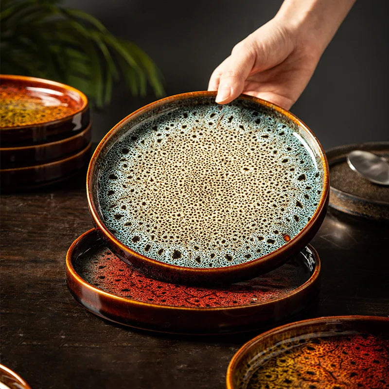 Western Style Dishes Japanese Style, Round Trays Kiln Made Tableware.