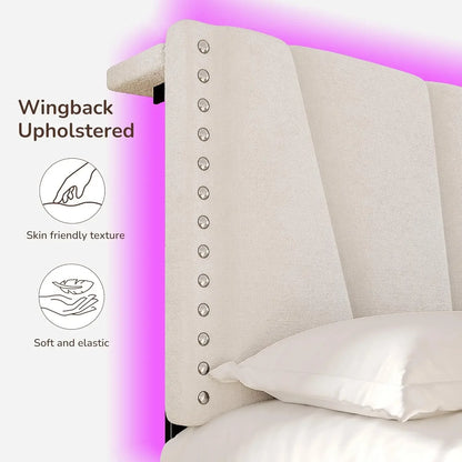Velvet Headboard and LED Lights  Platform Bed with Charging Station King Size Bed Frame