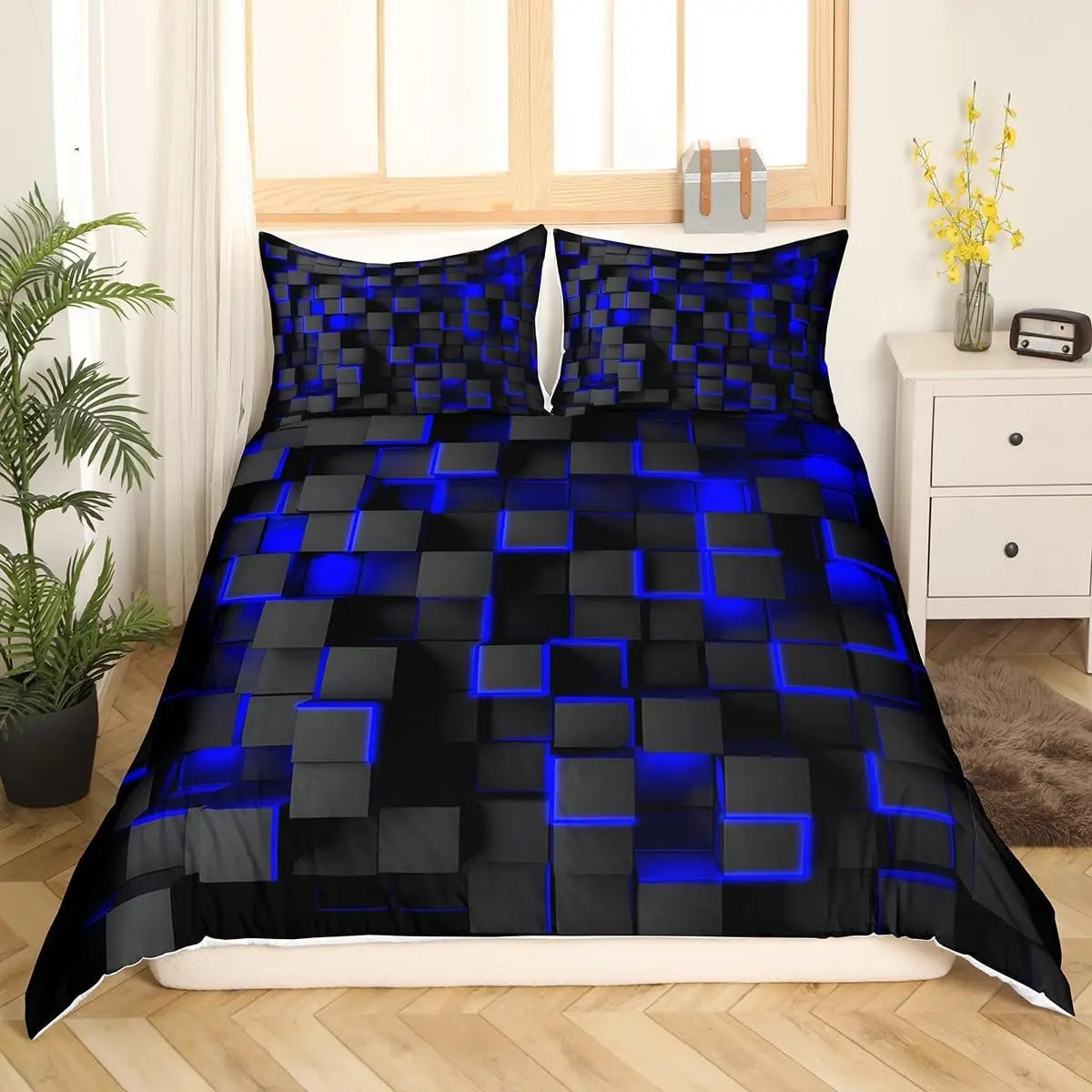 Blue and Black Bedding Duvet Cover Set, Geometric Set for Kids Comforter Cover Set