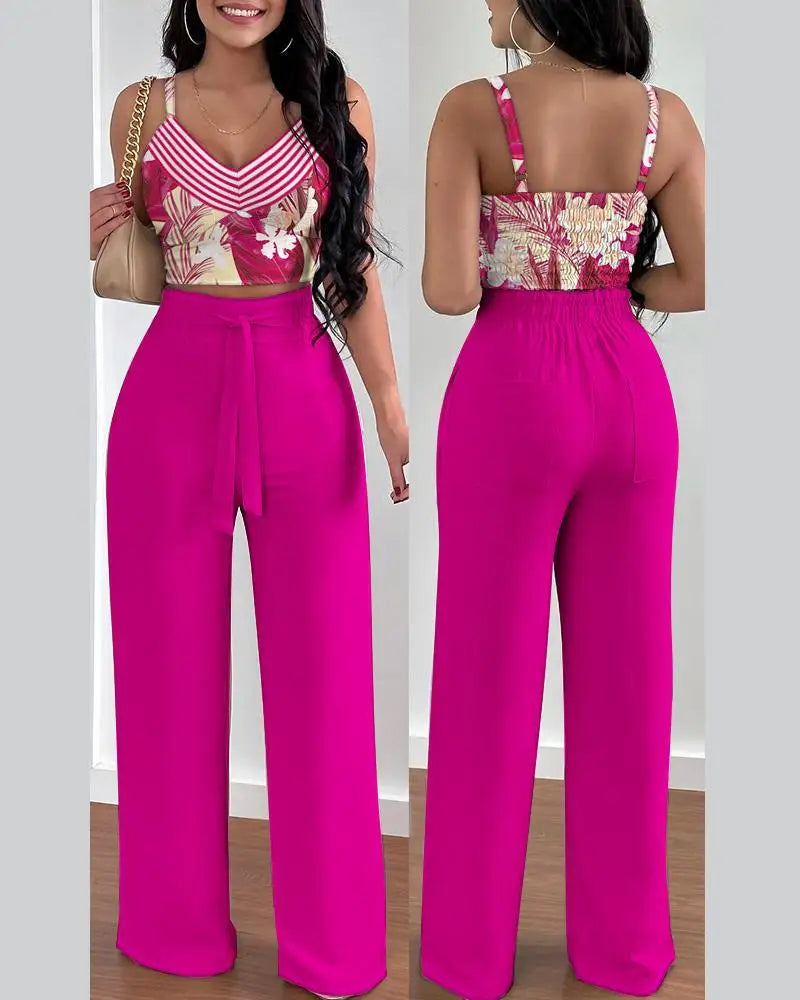 2 Piece Outfits For Women 2025 Sexy V-Neck Strap Shirred Slim Crop Top & Lace-up Wide Leg Pants Sets.
