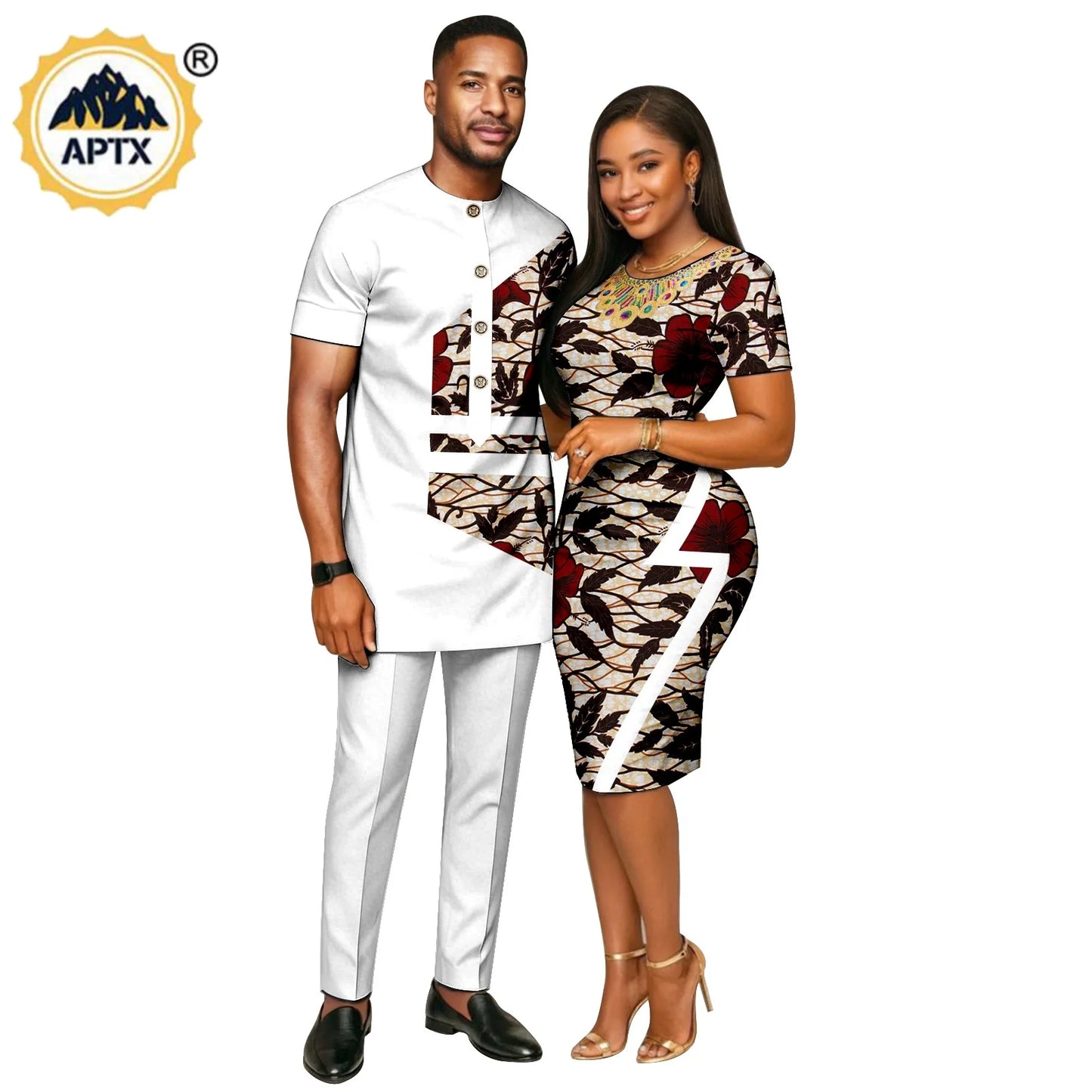 African Print Slim Hip Knee-length Dresses for Women, Matching Couple Outfits Dashiki Men Patchwork Top and Pant Sets 26C019.