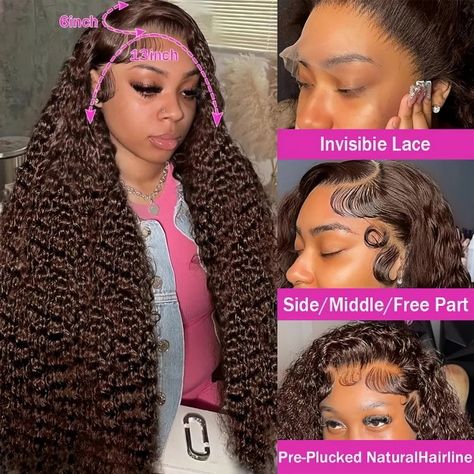 Deep Wave Lace Frontal Wig Chocolate Brown,13X6 Human Hair Wigs, Hd Lace 100% Human Hair 250 Density, Brazilian Hair Wig.