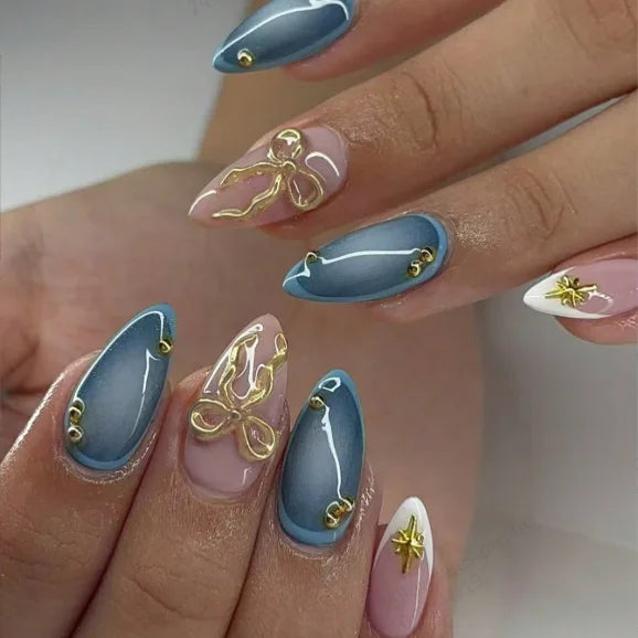 24Pcs Mid-length Almond Press on Fake Nails,3D Ripple Heart ,Pearl Star, Blue Smudge Detachable Full Cover Nails Tips.