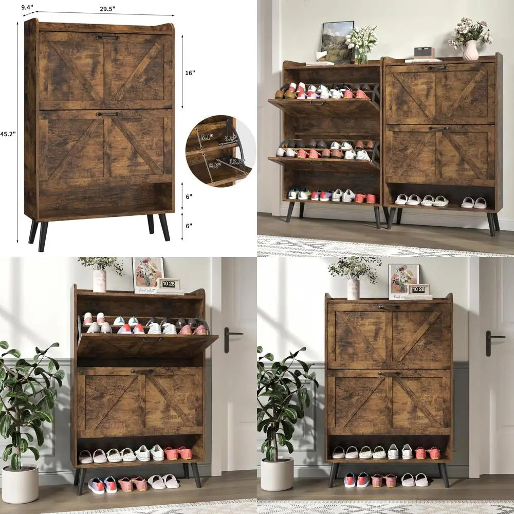 Rustic Brown Slim Shoe Cabinet with 2 Flip Drawers and Wooden Legs for Entryway Storage
