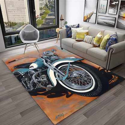 3D Retro Motorcycle Vintage  Rug for Living Room, Bedroom, Playroom Kid Area Rug Non-slip