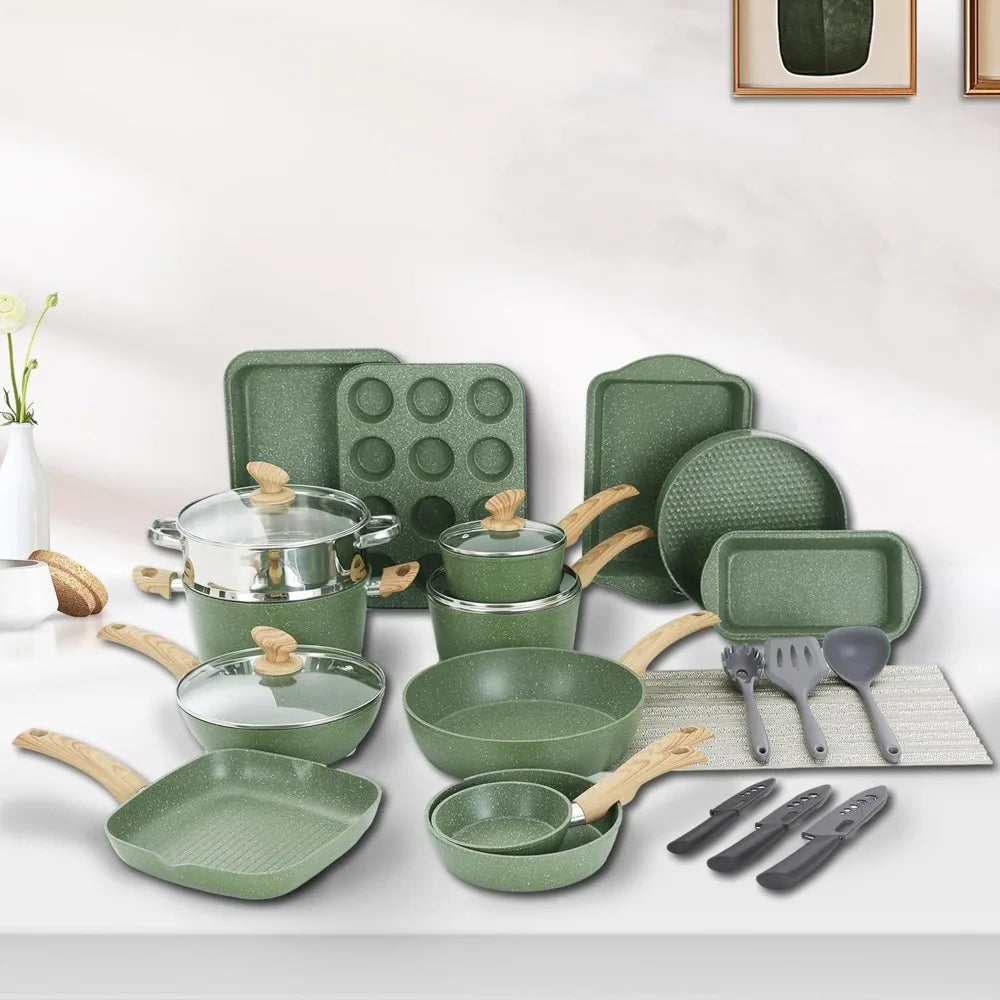 30-Piece Non-Stick Granite Cookware Set, Induction Compatible Pots & Pans with Bakeware,