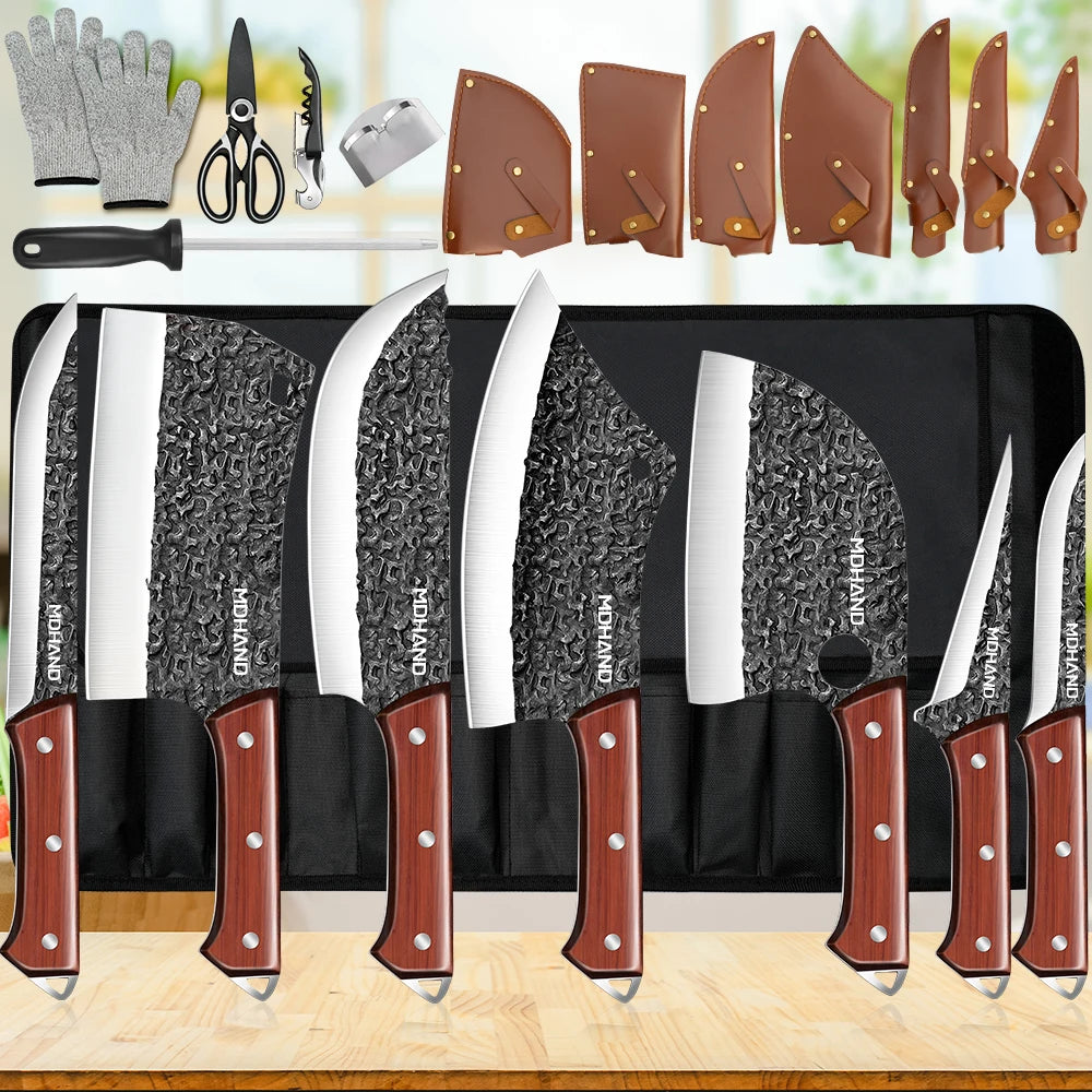 ZENG 14pcs Kitchen Knives Set, Cleaver, Meat Cut, Steak, Fillet Fish Knife ,Butcher Boning ,Hand Forged Blade with Sharpener.