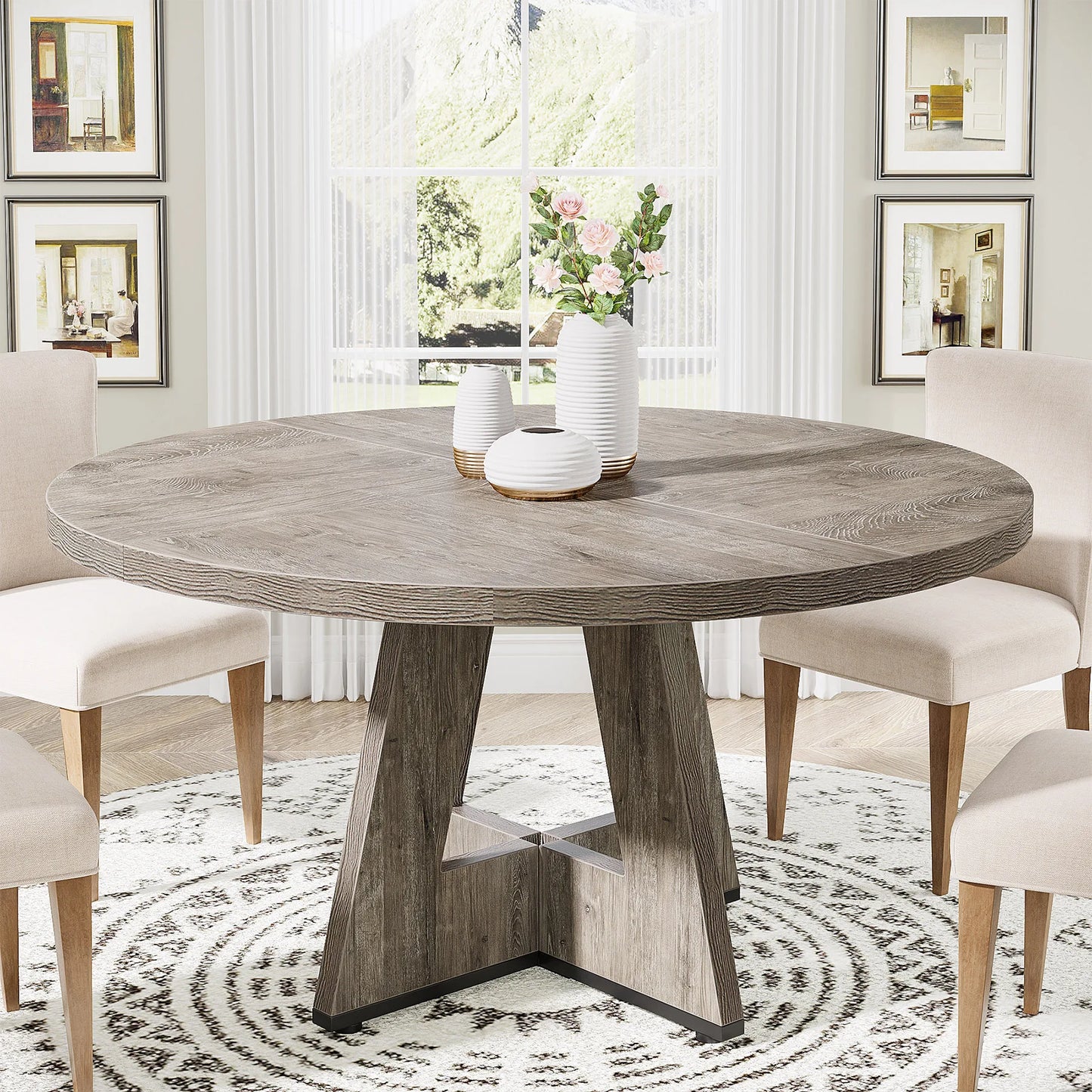 Round Dining Table for 4, 47 Inch Farmhouse Kitchen Table, for Dining Room.
