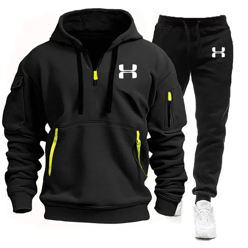 Men autumn and winter new zipper long sleeved hooded sweatshirt, sports and casual pants, two-piece fitness jogging suit.