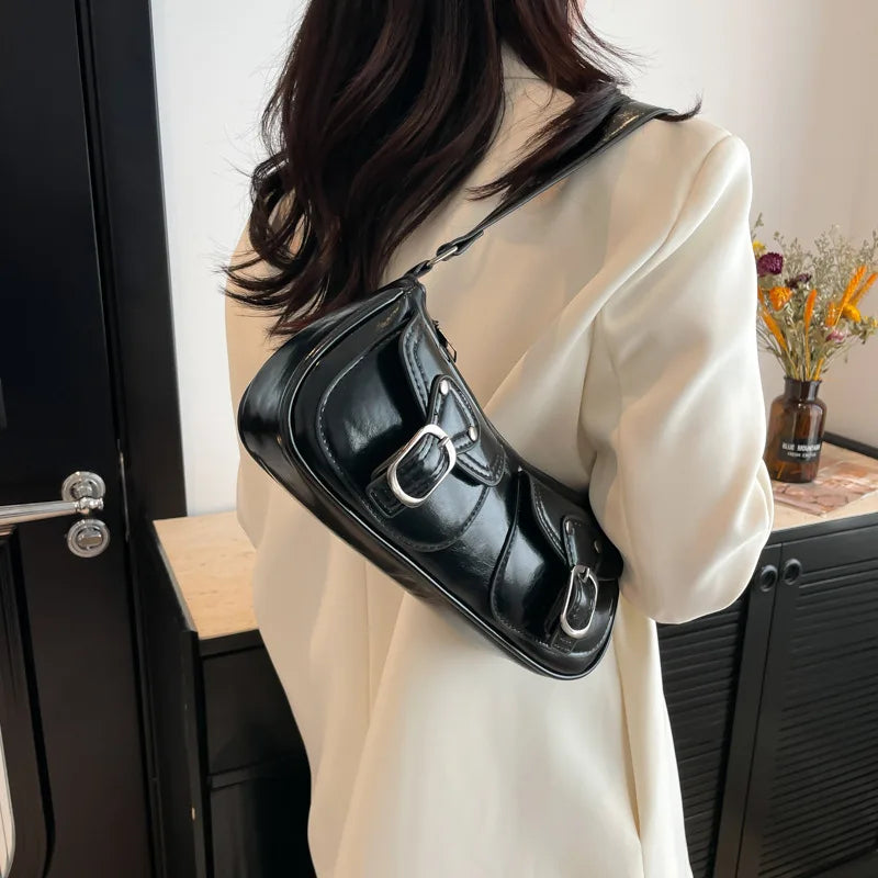 Fashion Pu Leather Women's Shoulder Bag, Small Double Pocket Design Ladies Underarm Bags Y2k. Vintage Female Handbags Clutch Purse