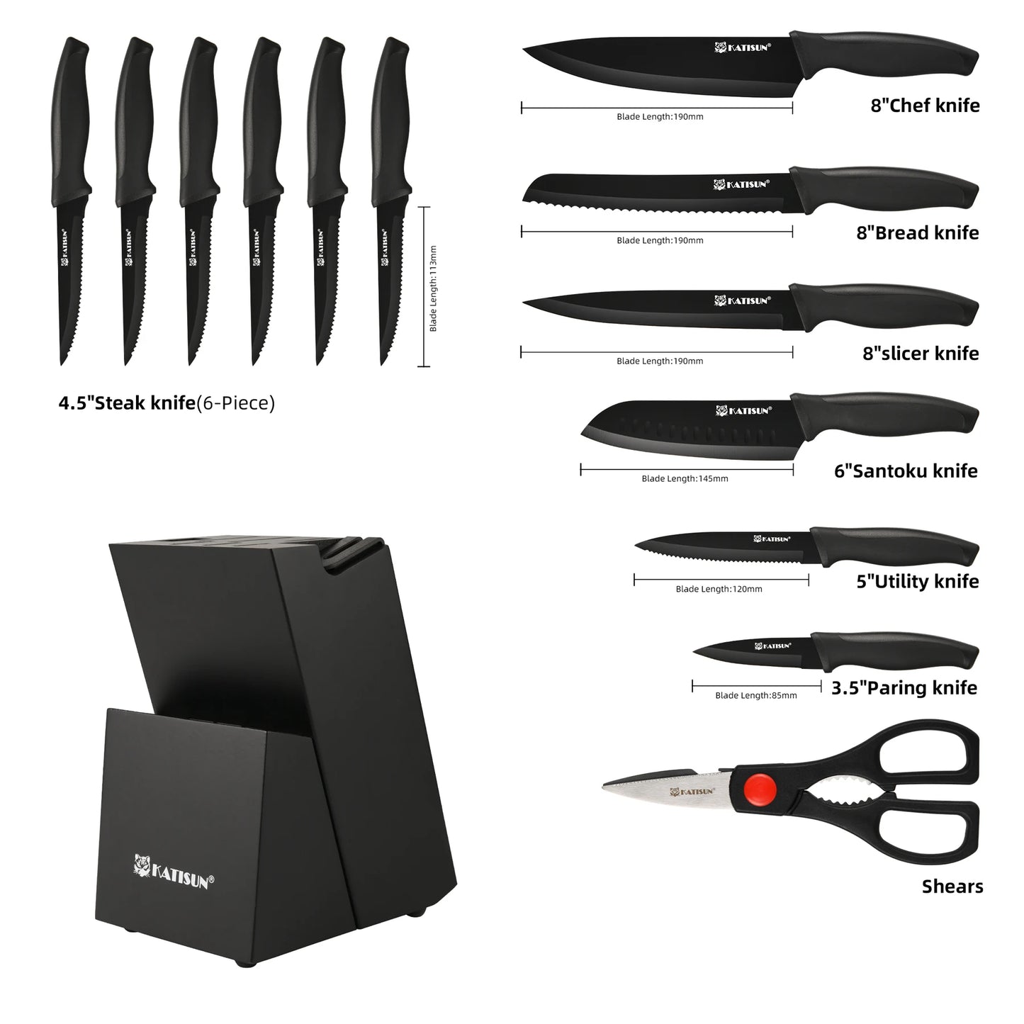 15 Pieces Carbon Steel Kitchen Knife Block Set, Built-in Knife Sharpener, Non-Slip PP+TPR Handles, 6 Steak Knives.