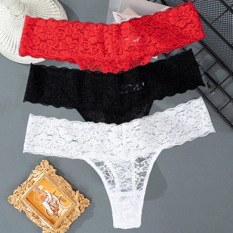 3PCS Lace Floral Women Panties ,Low Waist Breathable Briefs Female Thong Underwear M-2XL Sexy G-String Transparent Panty.
