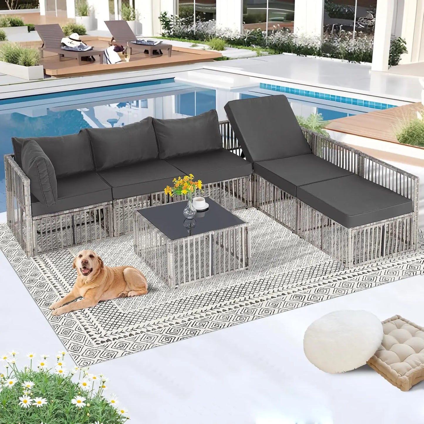 7 Pieces Outdoor Patio Furniture Set, Wicker Outdoor Sectional.