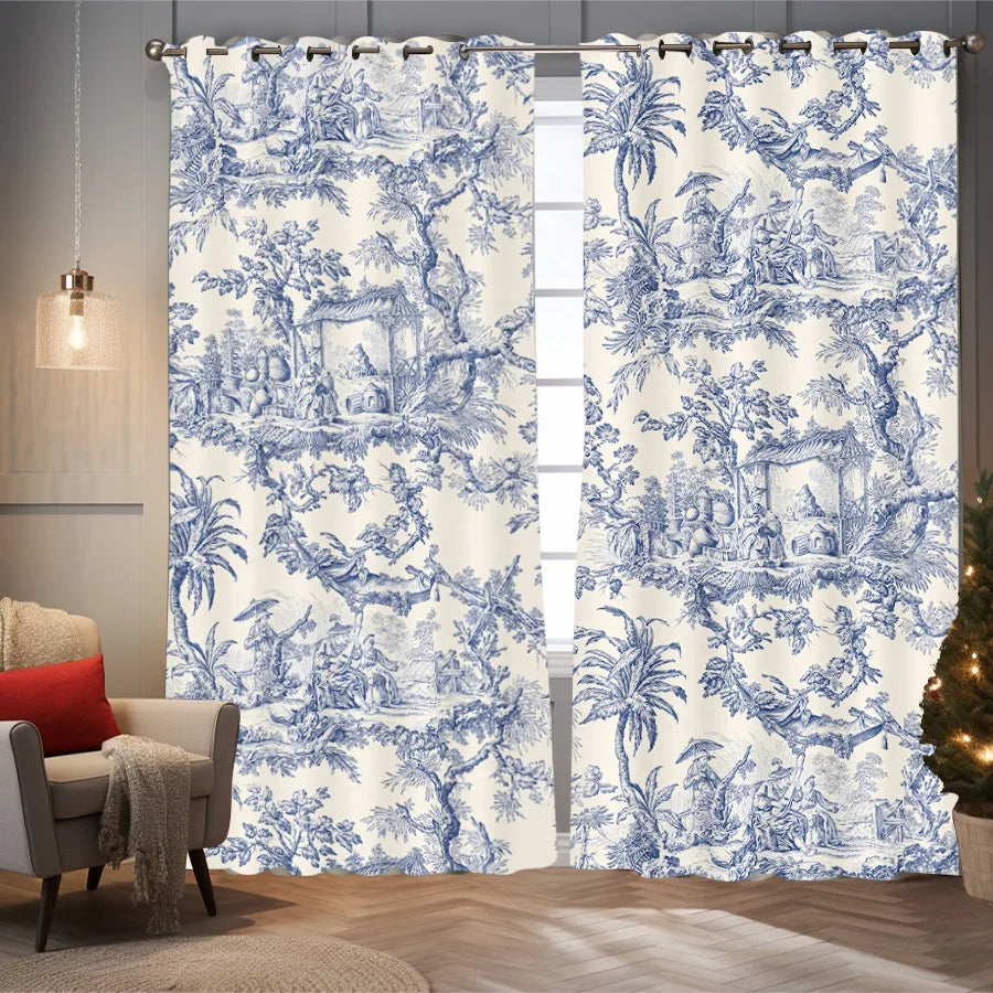 2 Panels Blackout Toile Curtains for Bedroom, 84 Inch Length Drapes.