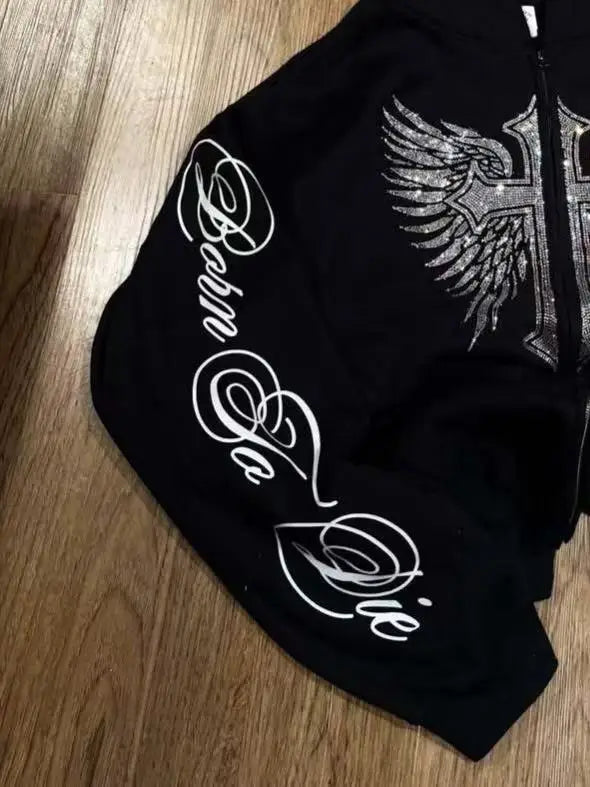 All Top Quality Aesthetic Gothic Wing Pattern Hooded Zip Up Jackets Men and Women.