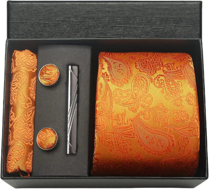 100% Silk Necktie Paisley Floral Men Business Tie, Pocket Square ,Tie Clip ,Cufflinks Set  Gift Box.