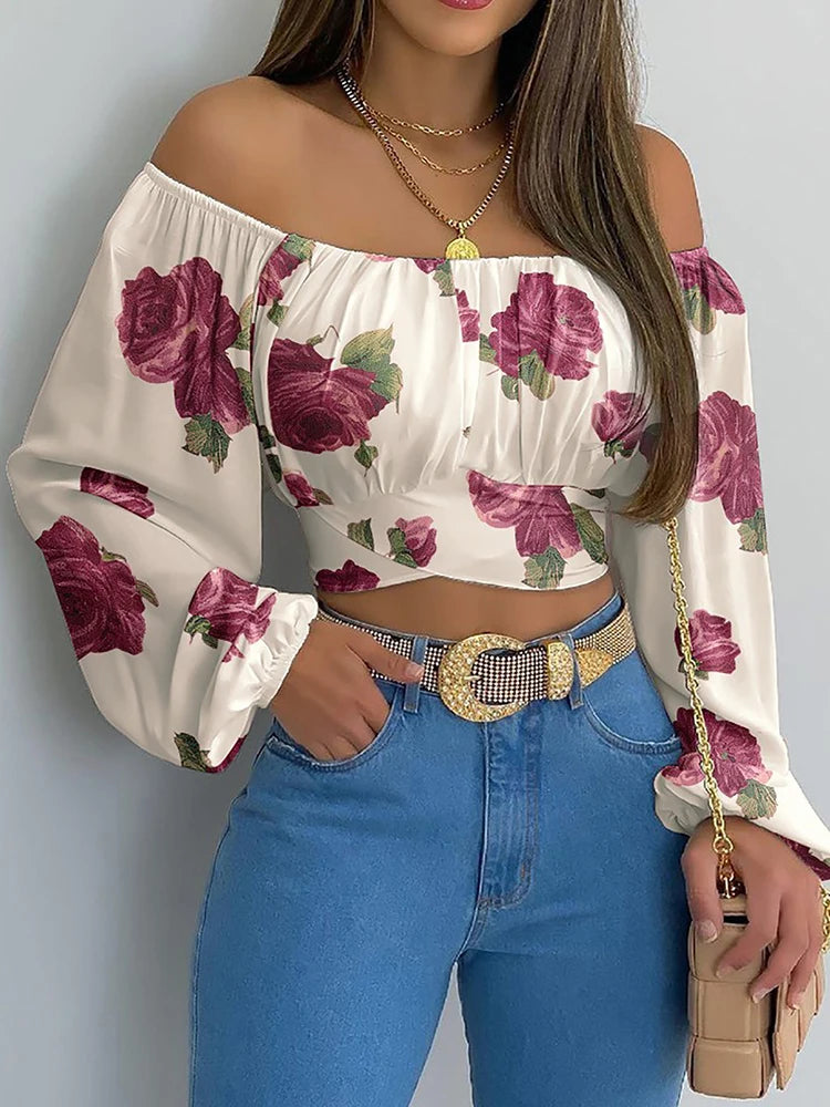 Women Sexy Off Shoulder Blouse, Chic and Elegant Long Sleeve Lace Up Bow Cropped, Casual Slim Shirts 2024.