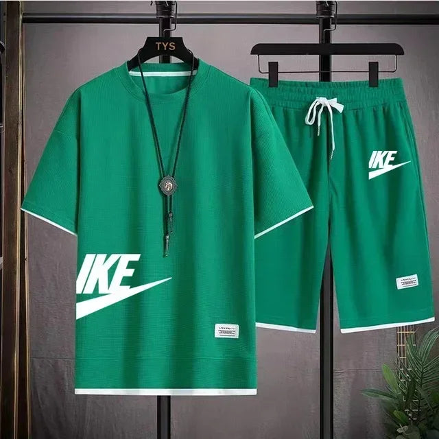 summer men casual short sleeved T-shirt shorts sports set, outdoor breathable jogging shorts 2-piece set.