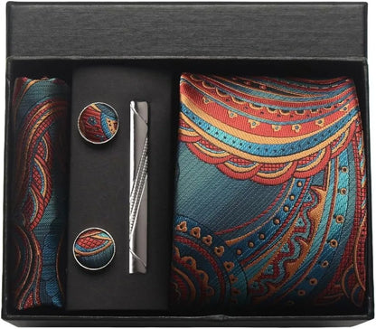 100% Silk Necktie Paisley Floral Men Business Tie, Pocket Square ,Tie Clip ,Cufflinks Set  Gift Box.