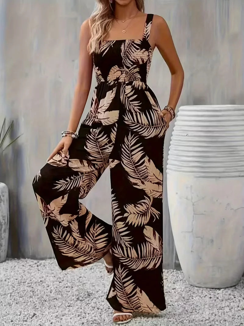 Women's summer elegant back hugging tropical printed overalls.
