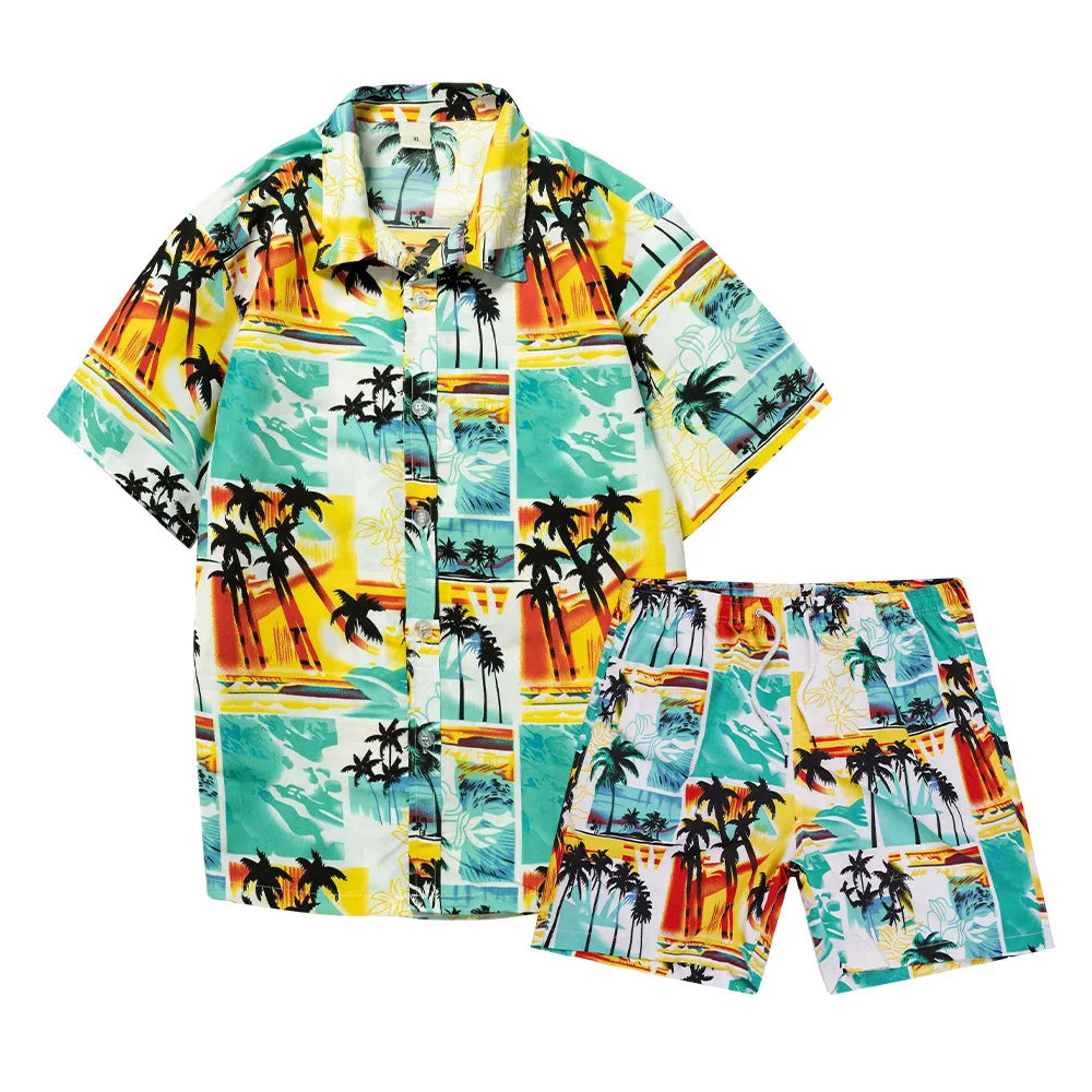 Hawaii collection beach style 2Pcs set 3D banana print summer suit short sleeve Shirt beach pants set.