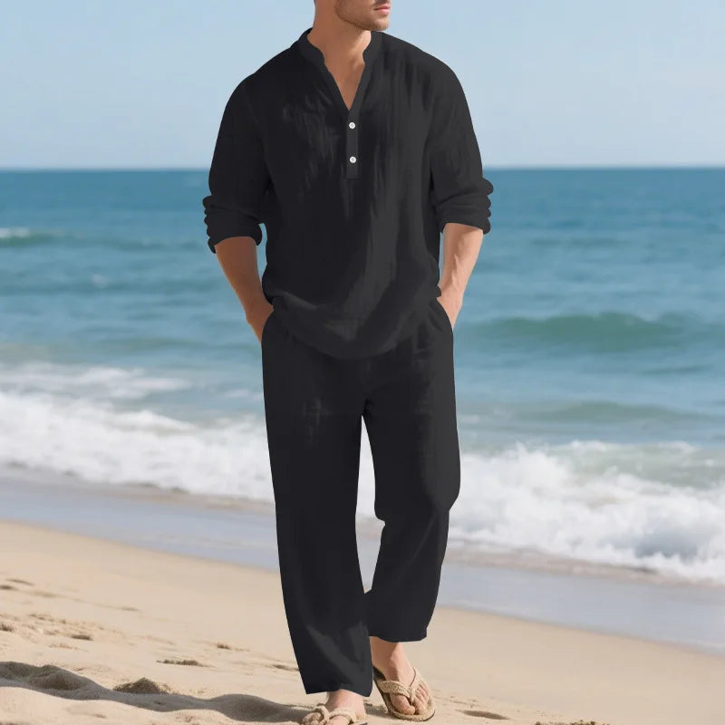 Autumn New Men Suit Style Loose Casual Breathable Henley Shirt with Straight-Leg Pants.