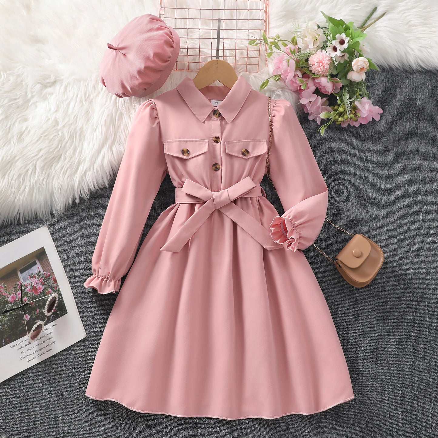 Tween Girls Stylish & Casual Long Sleeve, Solid Colored Button Up Lapel, Dress With Belt & Pockets.
