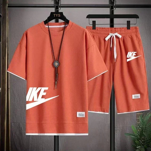 summer men casual short sleeved T-shirt shorts sports set, outdoor breathable jogging shorts 2-piece set.