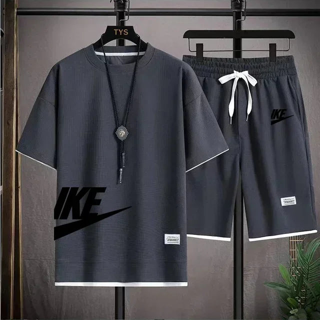 summer men casual short sleeved T-shirt shorts sports set, outdoor breathable jogging shorts 2-piece set.