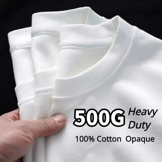 500/300g Heavy-duty White Pure Cotton T-shirt, Thickened Threaded Round Neck Short Sleeves.