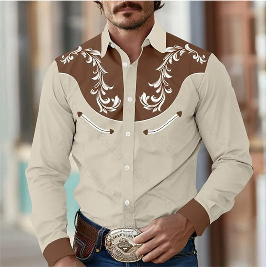 Floral Retro Western Men Shirt Outdoor, Street Casual Long Sleeve S-5XL Shirt.