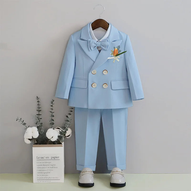 Boys Light Blue Sophisticated Double Breasted 2 Piece Suit Jacket Trousers.