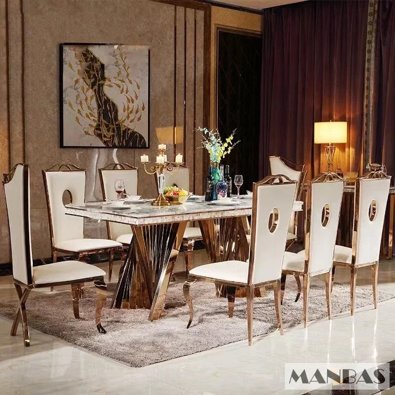 Luxury Dining Set: 6 Stainless Steel Genuine Leather, Rectangle Marble  Table