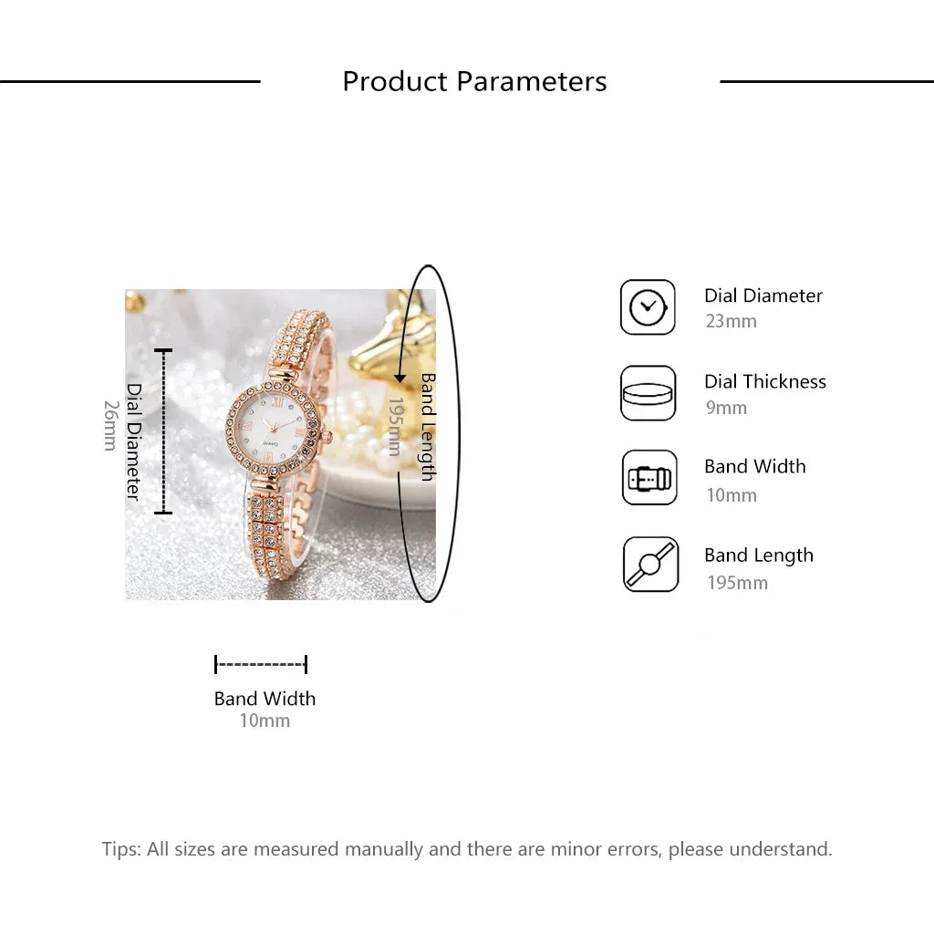 Women Quartz Watch Luxury Diamonds, Simple Stainless Steel Strap, Ring, Necklace, Earrings.