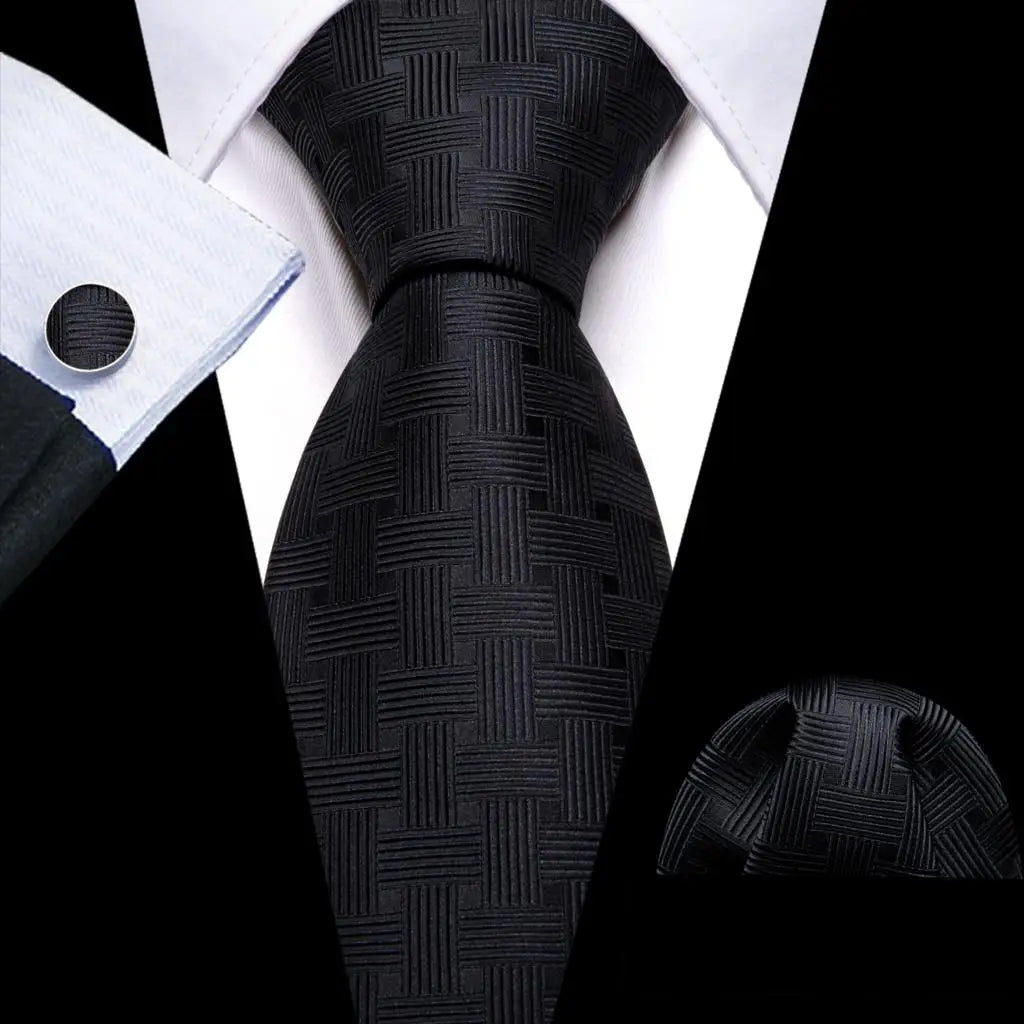 Black White Gray Silver Men Tie Handkerchief Cufflinks Set.