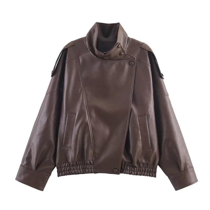 Women Fall 2025 New Black Long Sleeve Pebble Faux Leather Jacket.